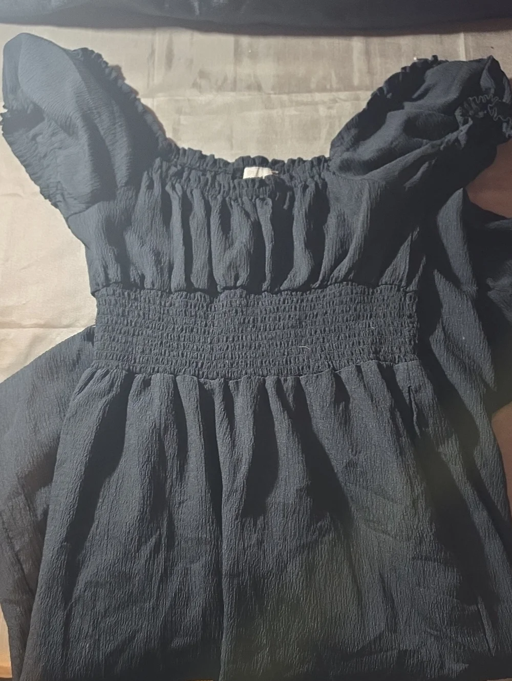 Black Smocked Waist Puff Sleeve Top